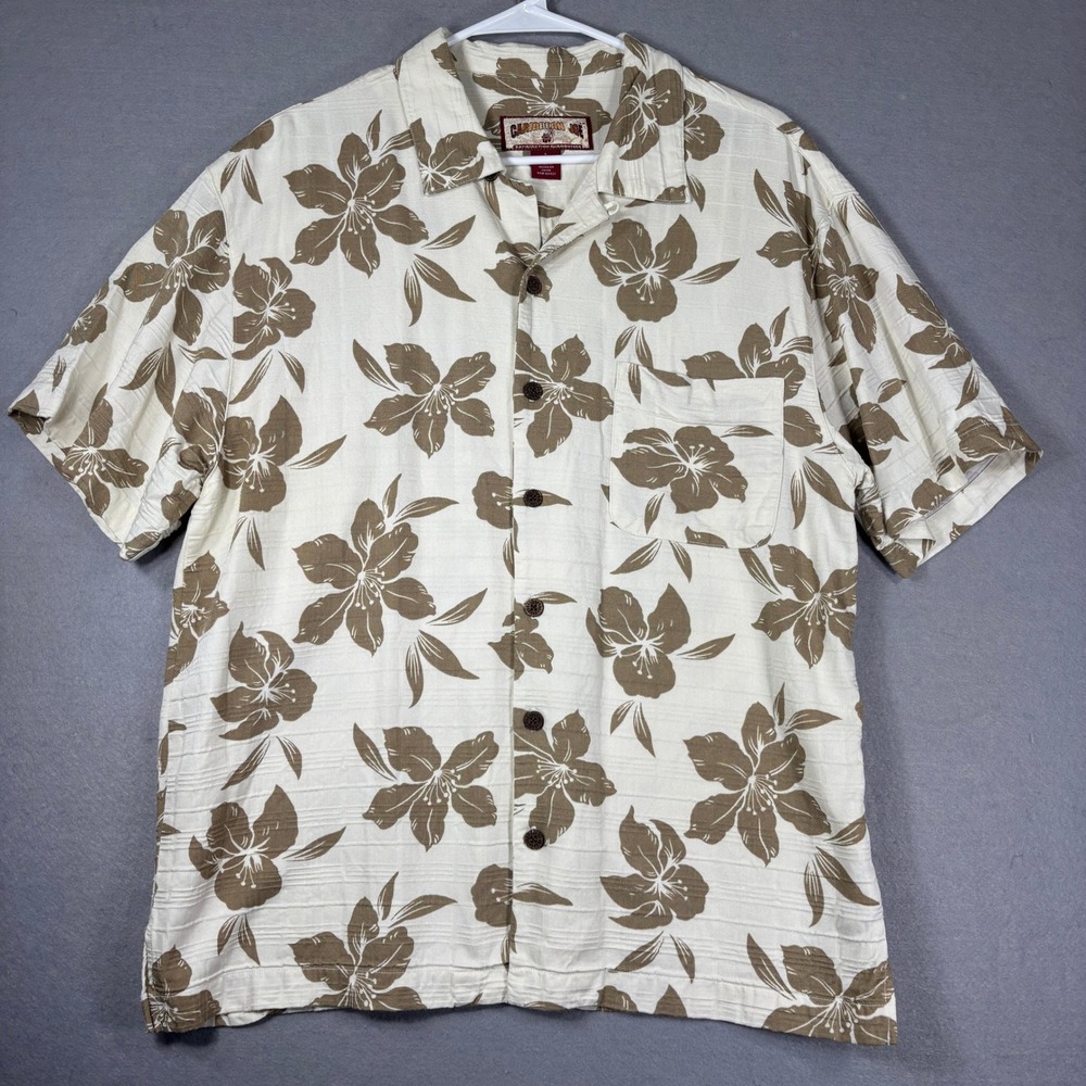 Caribbean Joe Shirt Mens Large Floral Hibiscus Aloha Tropical Beach Neutral